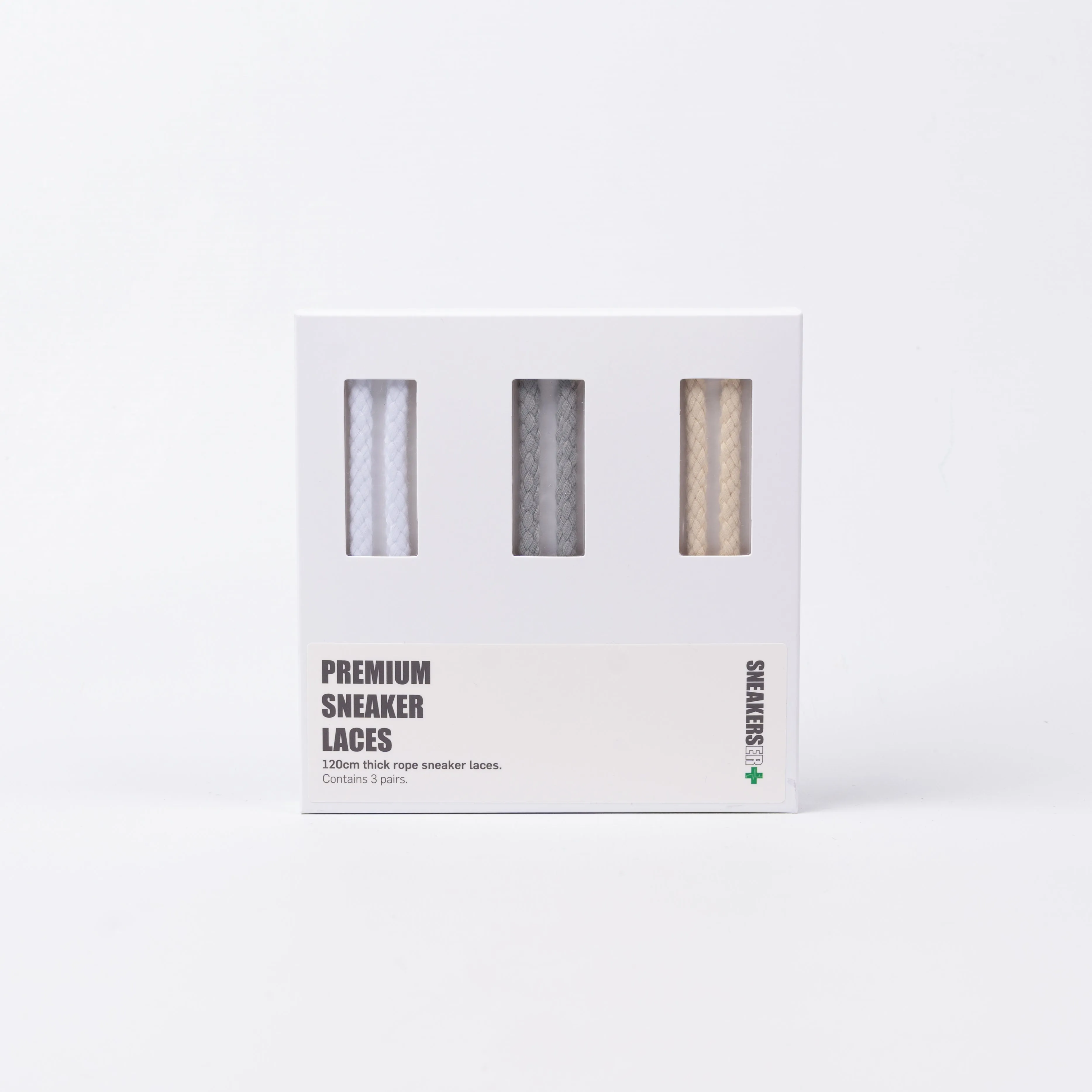 3 PACK GIFT BOX: THICK ROPE SNEAKER LACES (LOW'S) 120cm: WHITE, LIGHT GREY & NATURAL