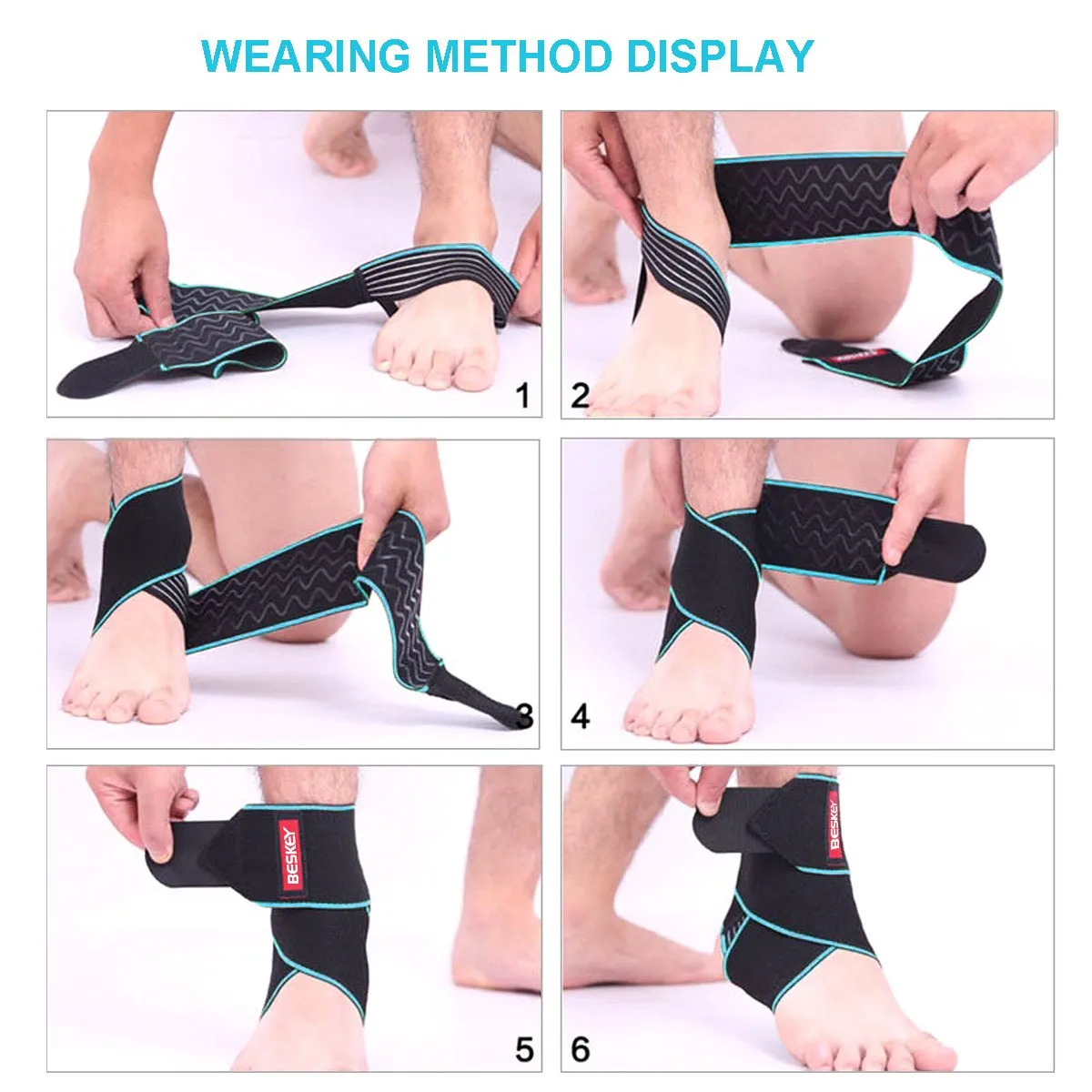 BESKEY Ankle Support Brace Adjustable Breathable Elastic Nylon Material Fit for Most Size Use for Sports Blue