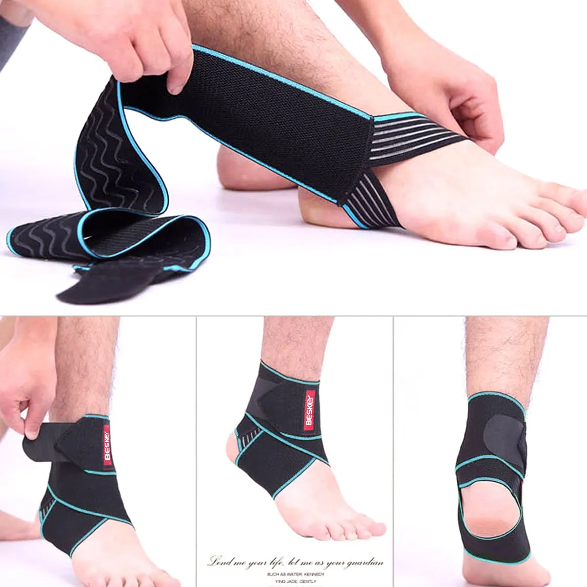 BESKEY Ankle Support Brace Adjustable Breathable Elastic Nylon Material Fit for Most Size Use for Sports Blue