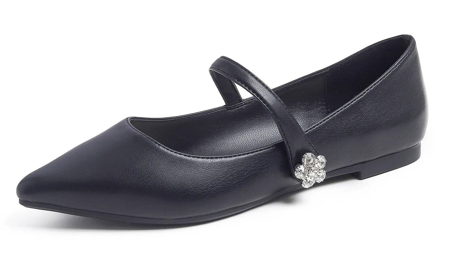 Feversole Women's Pointed Mary Jane Shoes Fashion Strap Buckle Slip On Flats Vegan Leather Flower Buckle