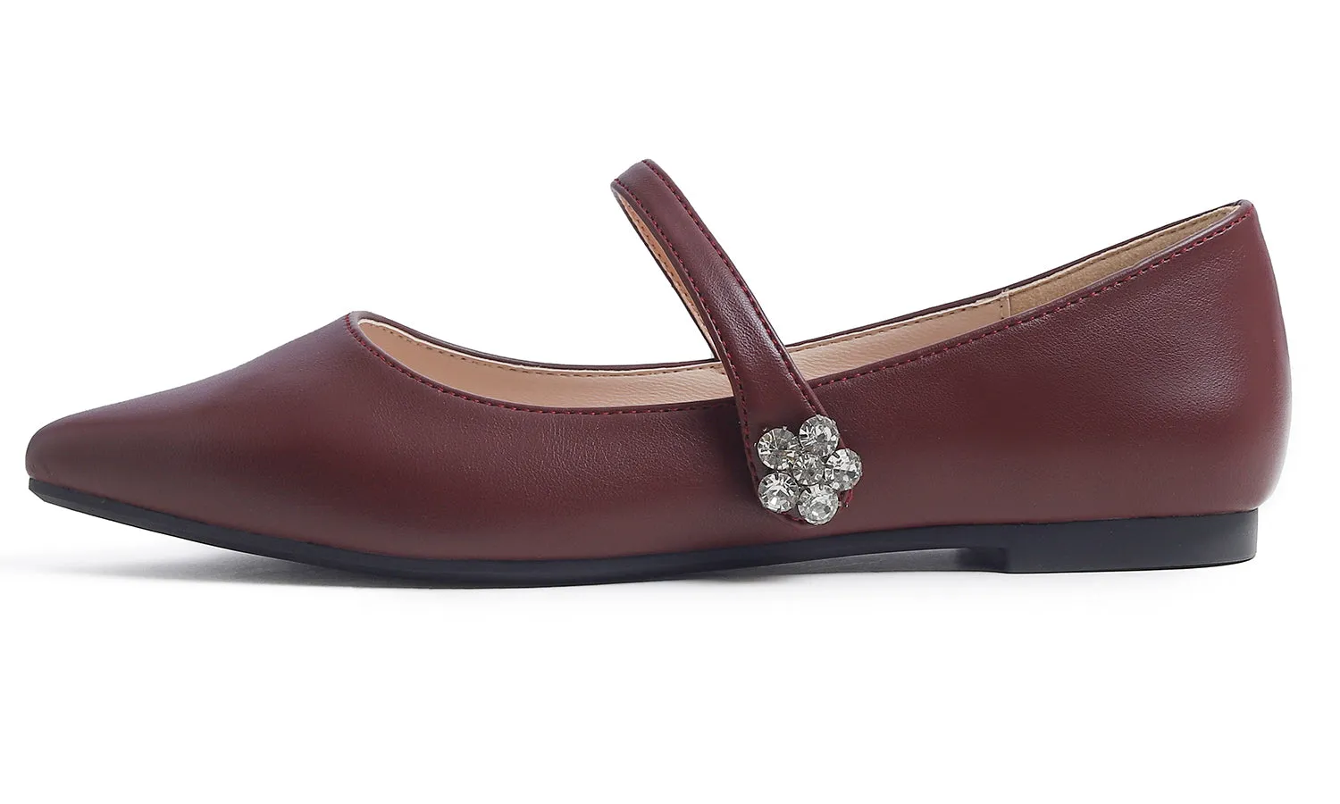 Feversole Women's Pointed Mary Jane Shoes Fashion Strap Buckle Slip On Flats Vegan Leather Flower Buckle