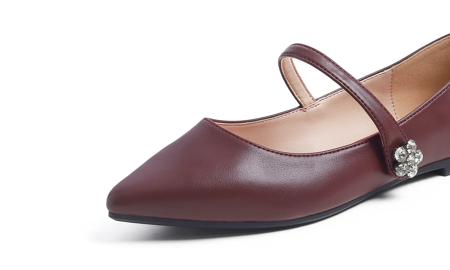Feversole Women's Pointed Mary Jane Shoes Fashion Strap Buckle Slip On Flats Vegan Leather Flower Buckle