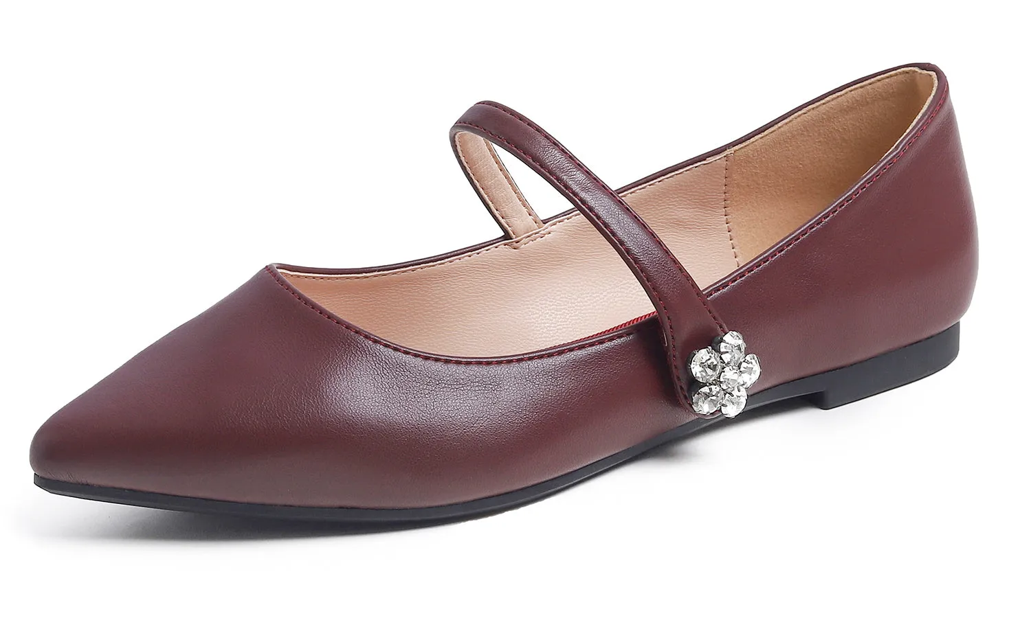 Feversole Women's Pointed Mary Jane Shoes Fashion Strap Buckle Slip On Flats Vegan Leather Flower Buckle