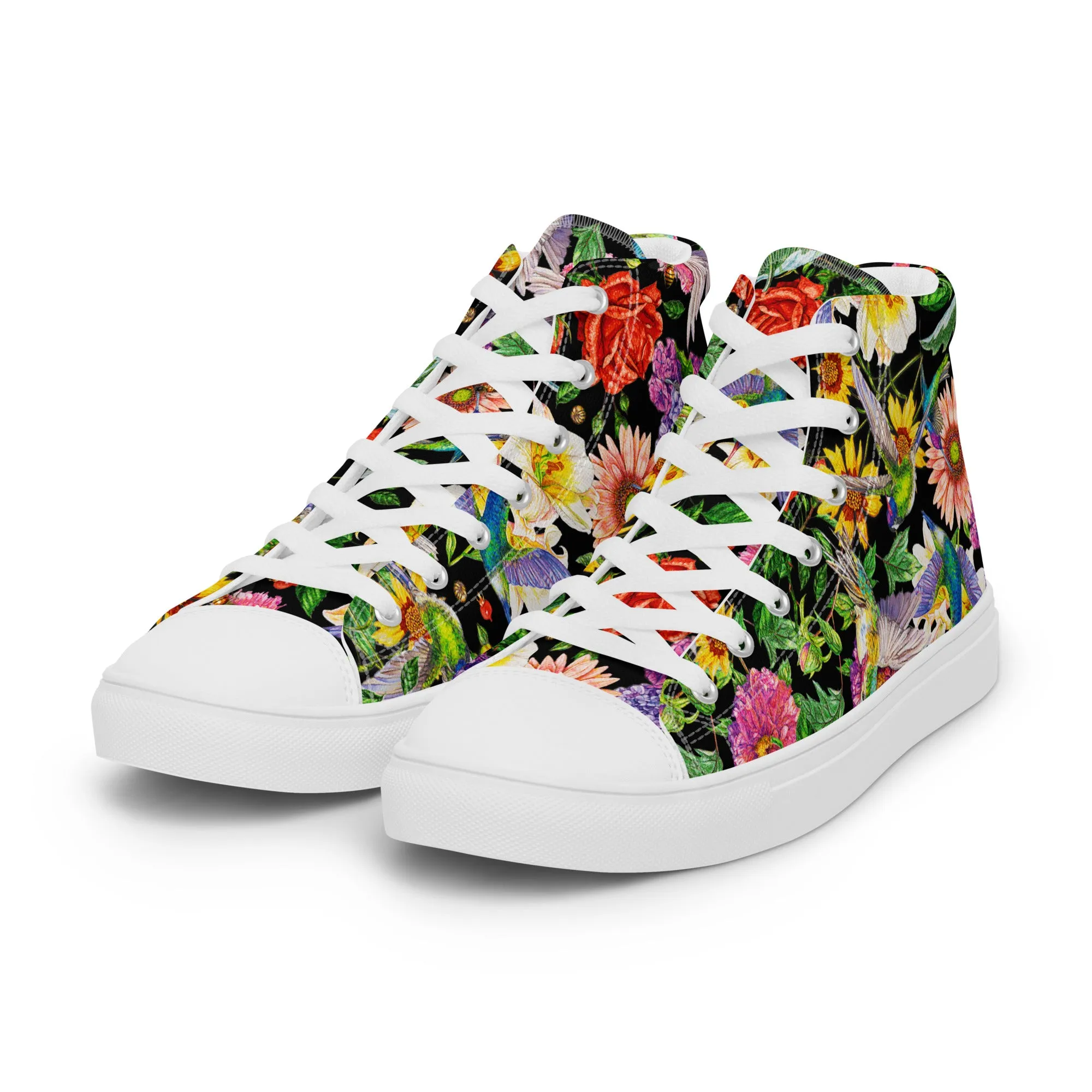 Hummingbird Garden Black - Women's High Top Canvas Shoes