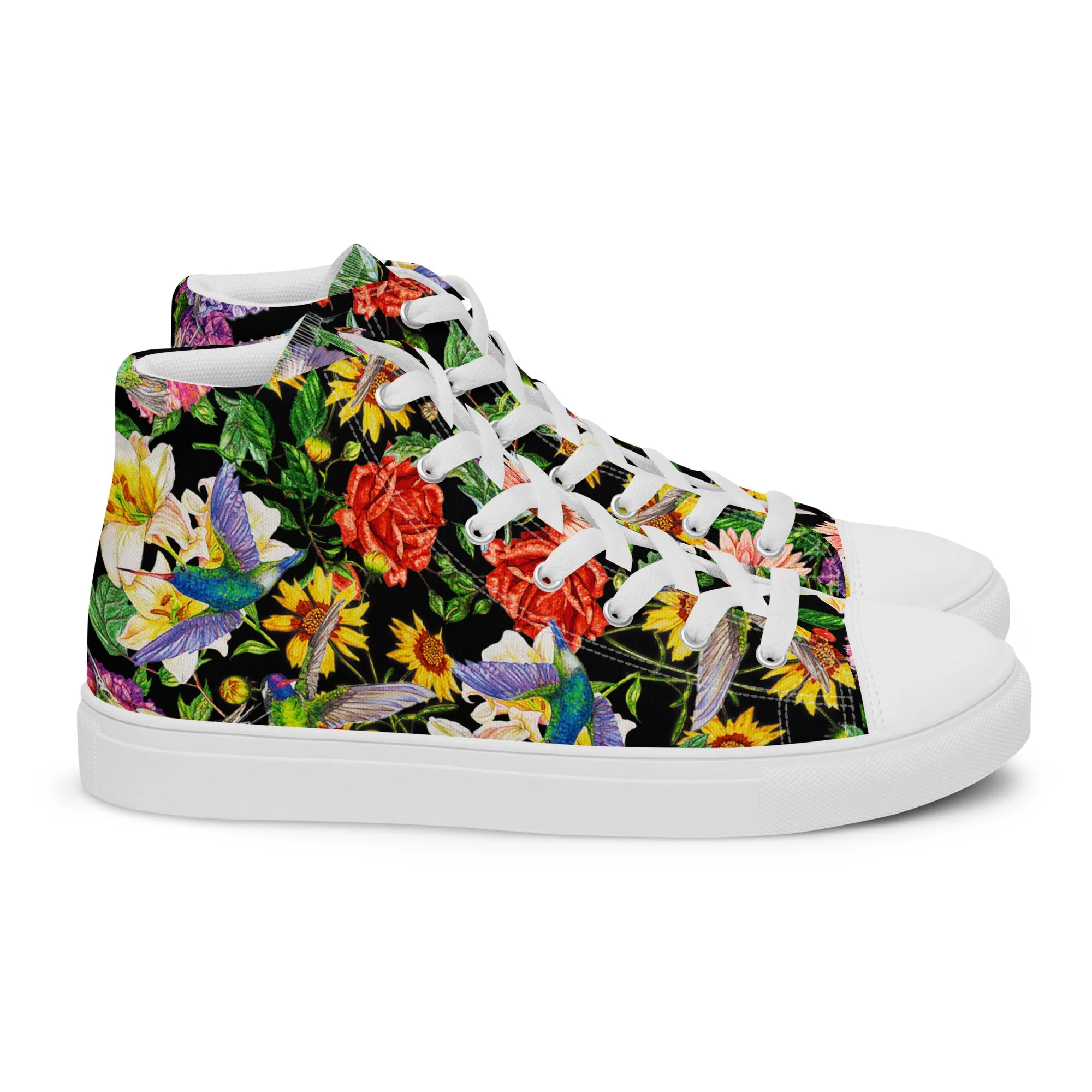 Hummingbird Garden Black - Women's High Top Canvas Shoes