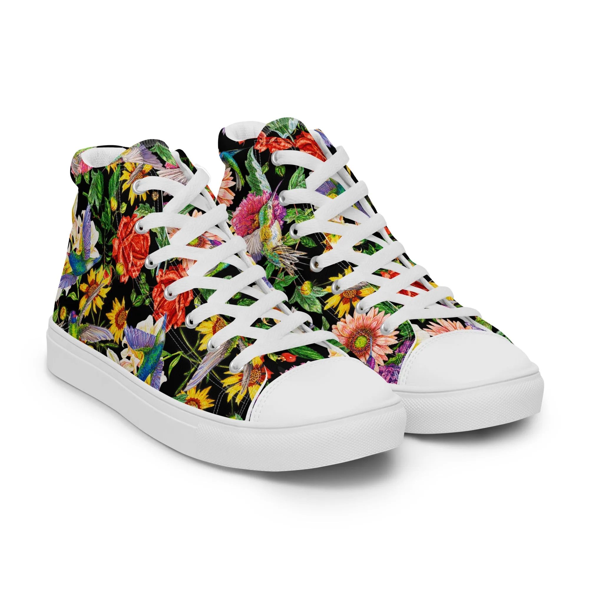Hummingbird Garden Black - Women's High Top Canvas Shoes