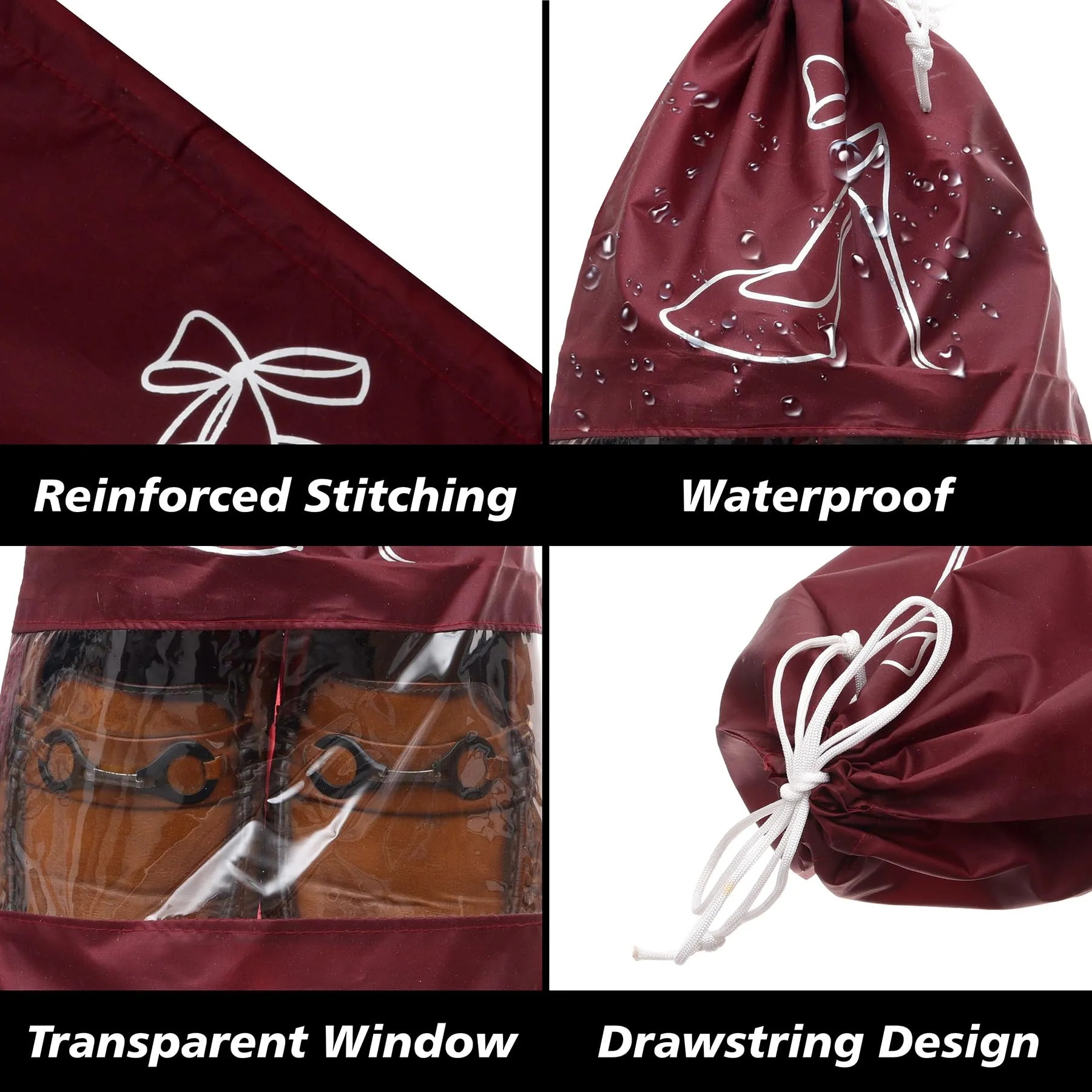 Kuber Industries Shoe Cover | Travel Shoe Storage Bags | Polyester Storage Bags | Drawstring Shoe Cover | Clear Transparent Shoe Storage Organizer | Pack of 12 | Maroon