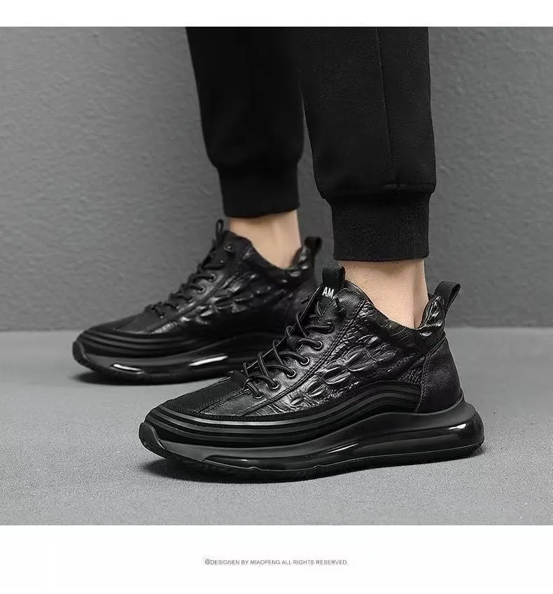 Men's Shoes: Winter Leather, Non-slip, Soft-soled, High-top, Business Casual Shoes, Trendy Versatile Textured Crocodile Leather Sneakers
