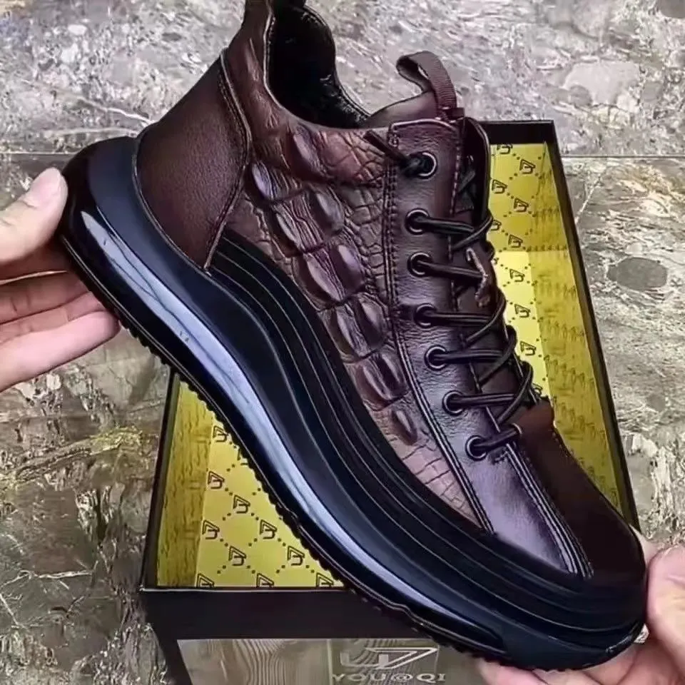 Men's Shoes: Winter Leather, Non-slip, Soft-soled, High-top, Business Casual Shoes, Trendy Versatile Textured Crocodile Leather Sneakers
