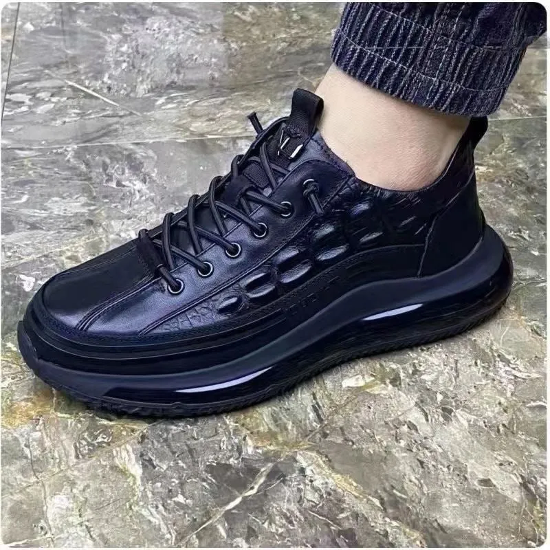 Men's Shoes: Winter Leather, Non-slip, Soft-soled, High-top, Business Casual Shoes, Trendy Versatile Textured Crocodile Leather Sneakers