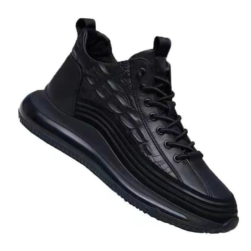 Men's Shoes: Winter Leather, Non-slip, Soft-soled, High-top, Business Casual Shoes, Trendy Versatile Textured Crocodile Leather Sneakers