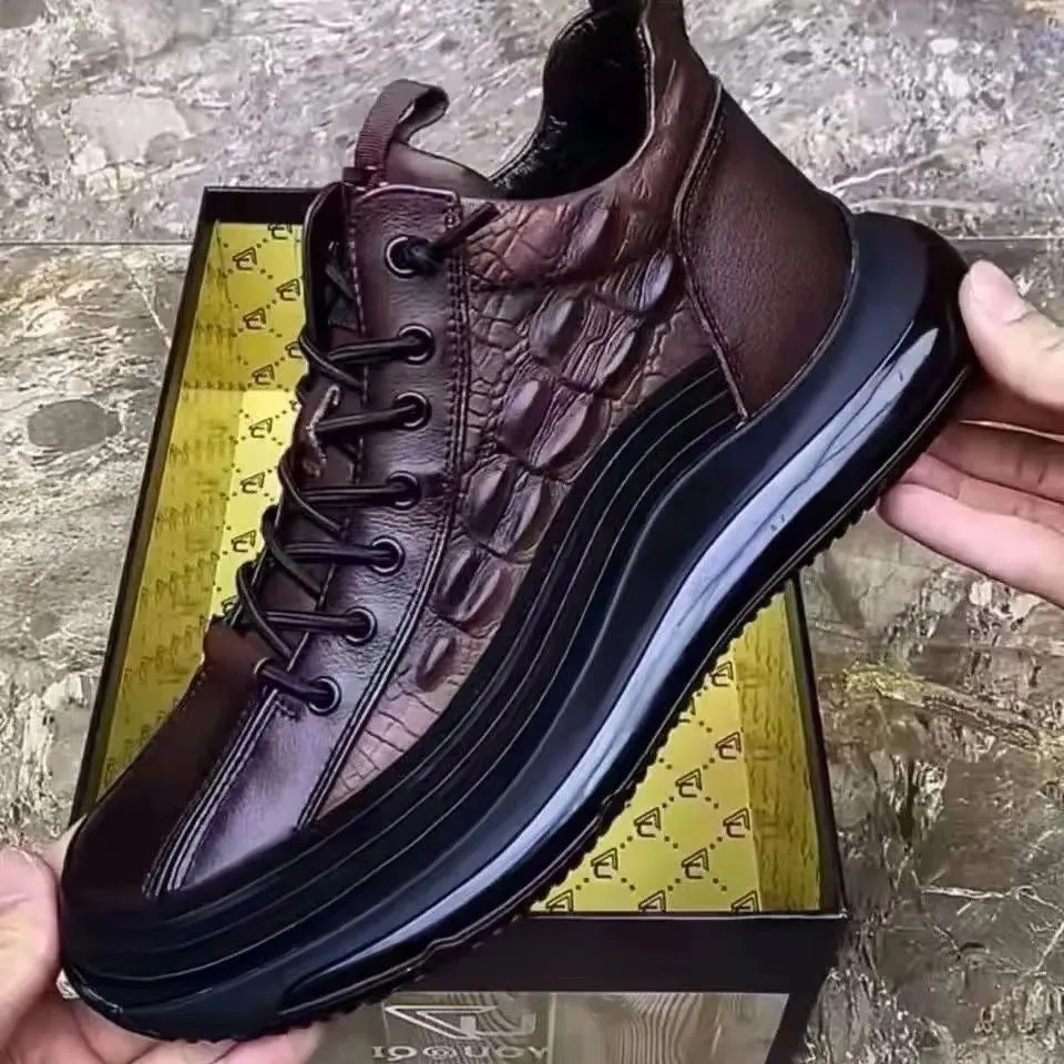 Men's Shoes: Winter Leather, Non-slip, Soft-soled, High-top, Business Casual Shoes, Trendy Versatile Textured Crocodile Leather Sneakers