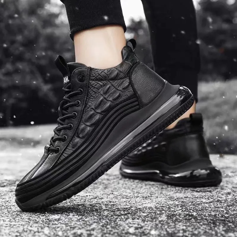 Men's Shoes: Winter Leather, Non-slip, Soft-soled, High-top, Business Casual Shoes, Trendy Versatile Textured Crocodile Leather Sneakers
