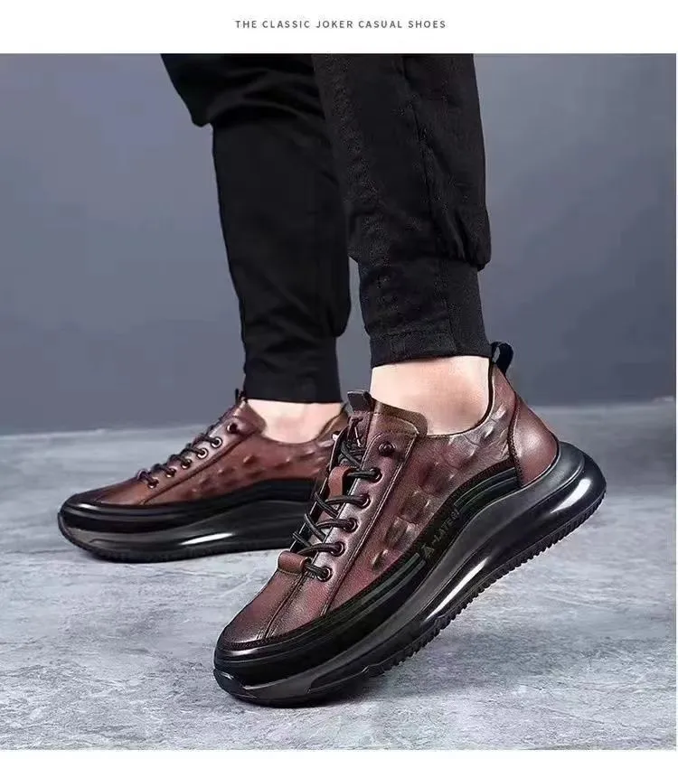 Men's Shoes: Winter Leather, Non-slip, Soft-soled, High-top, Business Casual Shoes, Trendy Versatile Textured Crocodile Leather Sneakers