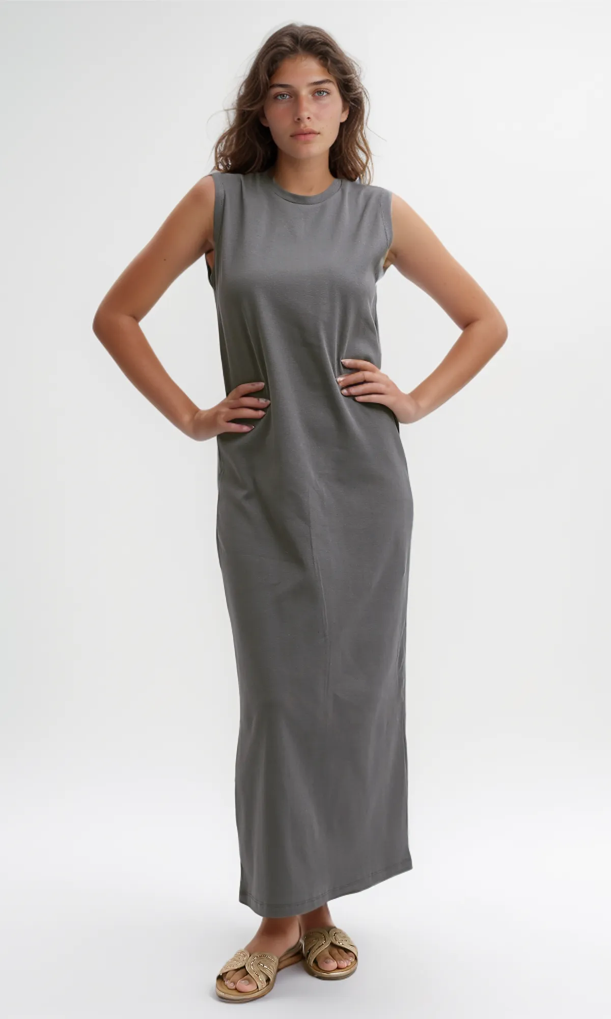 O197716  Slip On Casual Dark Grey Midi Dress