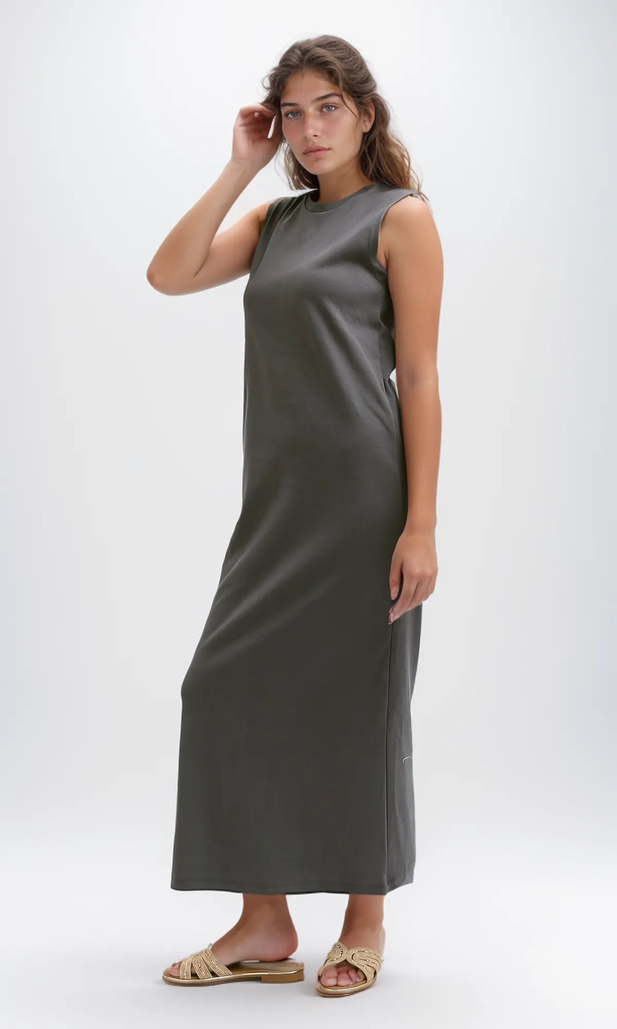 O197716  Slip On Casual Dark Grey Midi Dress