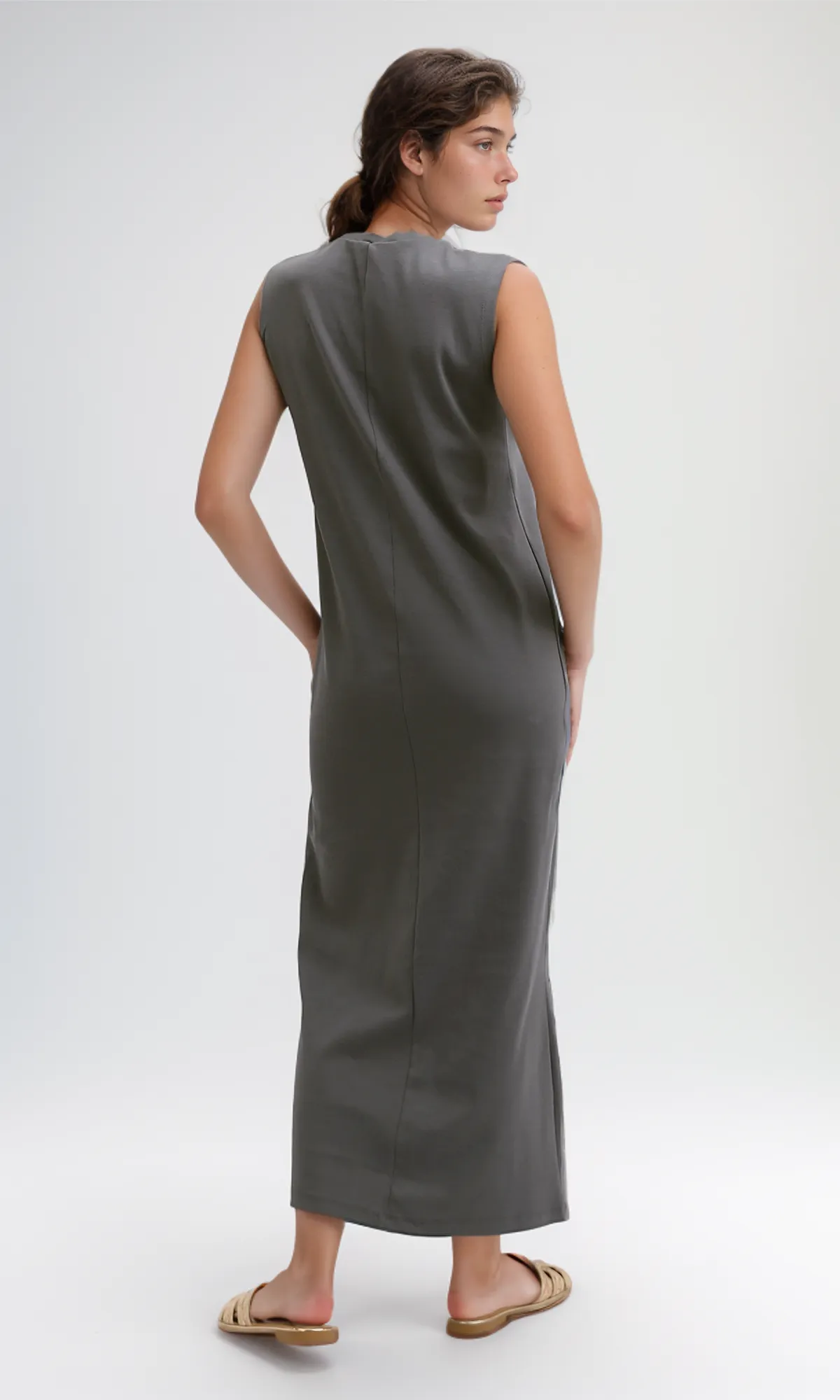 O197716  Slip On Casual Dark Grey Midi Dress