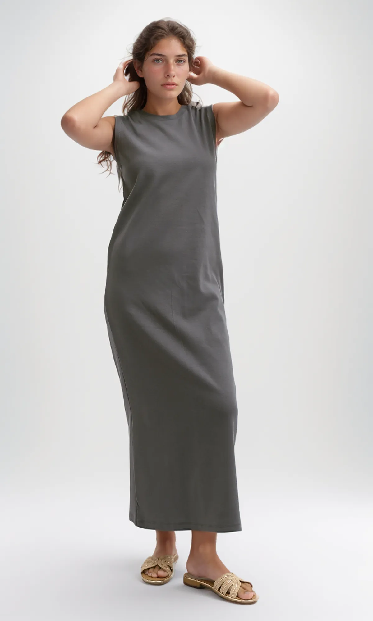 O197716  Slip On Casual Dark Grey Midi Dress