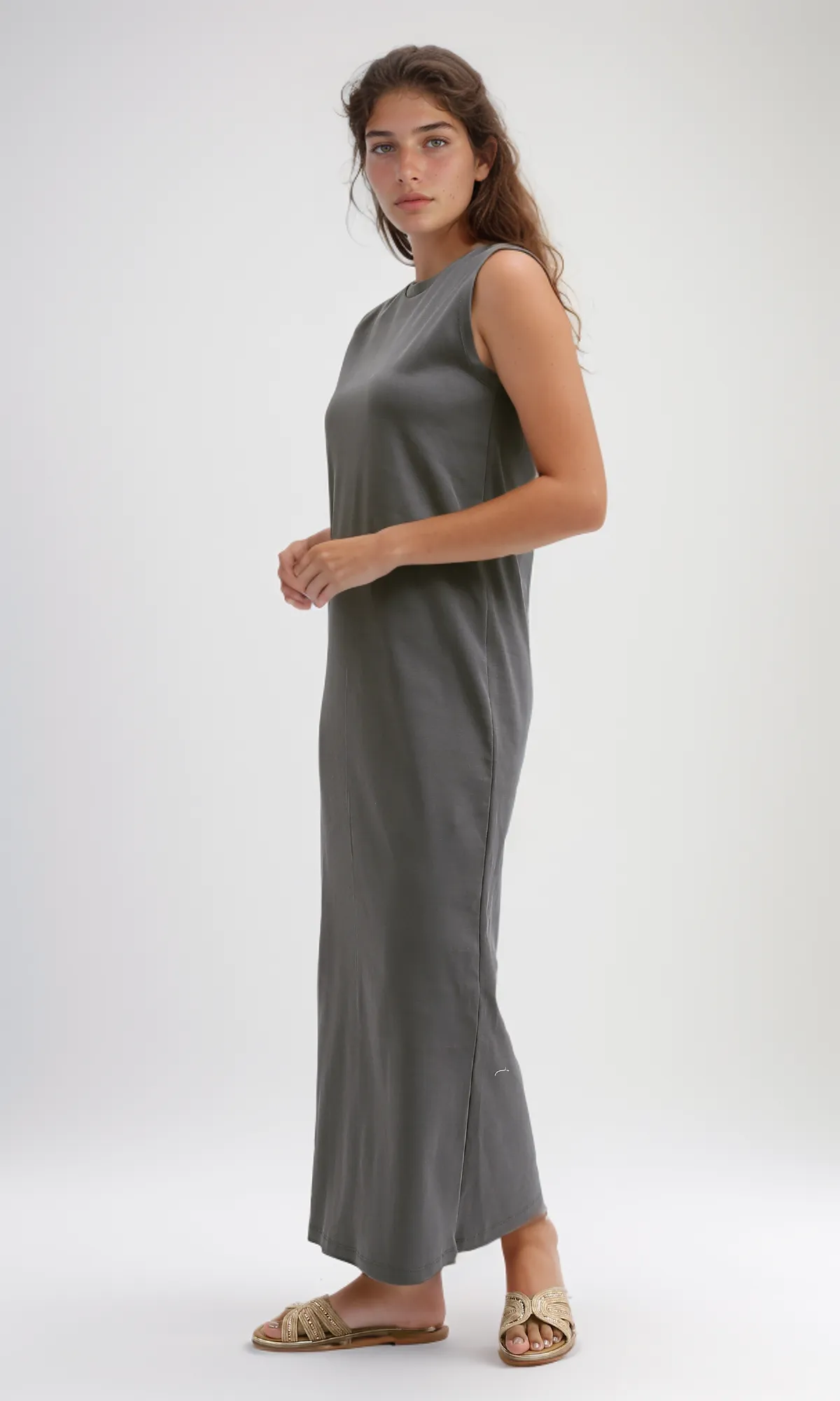 O197716  Slip On Casual Dark Grey Midi Dress