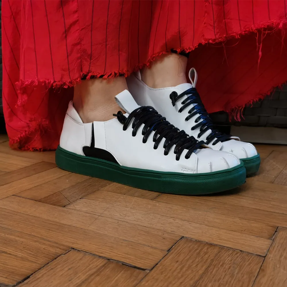 Ribbed white leather green sole sneakers